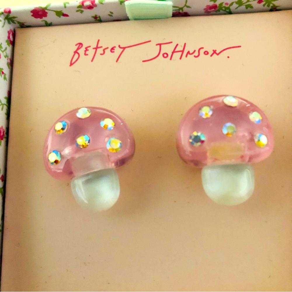 Authentic Betsey Johnson Earrings - Rhinestone Acrylic Mushrooms, Pink, NIB
